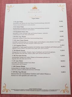 A menu of Indian Palace
